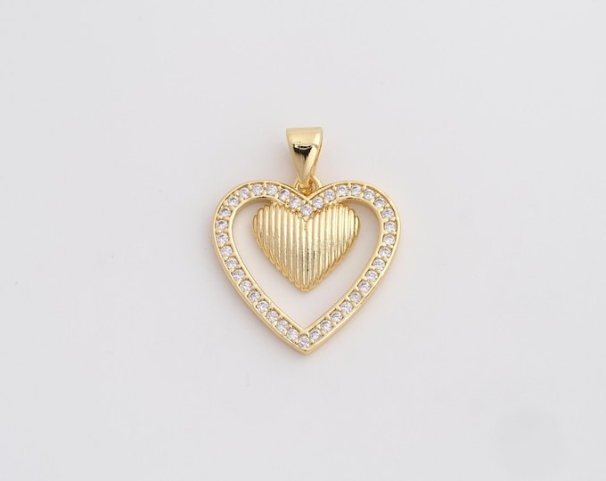 18K Gold Filled Heart Charm, Micropavé CZ Love Pendant,Heart Necklace Charm, DIY Jewelry Supplies, 23.6x18.6x3mm