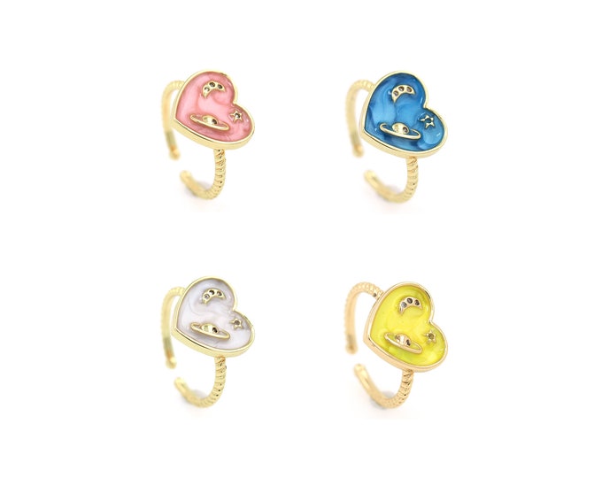 18K Gold Filled Open Ring,Gold Dainty Enamel Heart Ring,CZ Moon Ring,Gift for Her