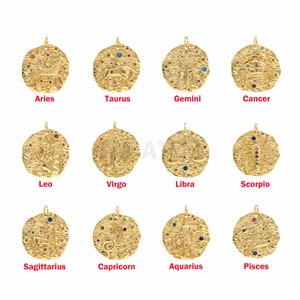 18K Gold Filled Zodiac Pendant, Astrology Pendant, Micropavé CZ Constellation Pendant, Coin Pendant, DIY Jewelry Accessories, 25x22x3mm