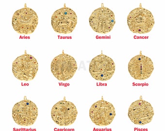 18K Gold Filled Zodiac Pendant, Astrology Pendant, Micropavé CZ Constellation Pendant, Coin Pendant, DIY Jewelry Accessories, 25x22x3mm