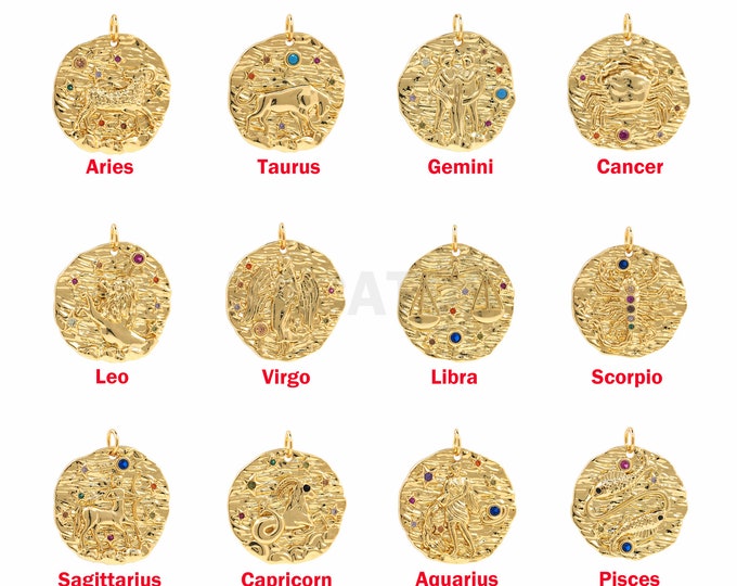 18K Gold Filled Zodiac Pendant, Astrology Pendant, Micropavé CZ Constellation Pendant, Coin Pendant, DIY Jewelry Accessories, 25x22x3mm