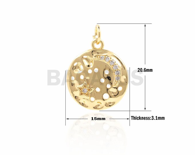 1PCS Micro-Pave Round Star And Moon Pendant, Moon Pendant, Star Pendant, Moon Necklace, Star Necklace 20.6x15x3.1mm