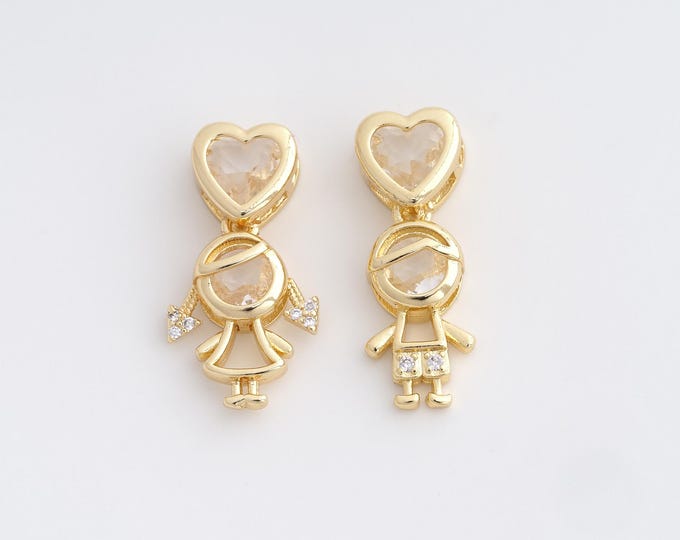 18K Gold Filled Couple Charm, Micropavé CZ Boy Girl Pendant,Heart Necklace Charm,DIY Jewelry Supplies,Boy:27.8x10x5.3mm Girl：26.5x13.8x5.5mm