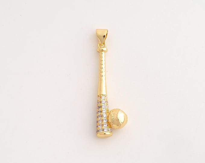 18K Gold Filled Baseball Bat Charm,Dainty Baseball Pendant,CZ Sports Pendant ,DIY Jewelry Supplies,39x10.5x7mm