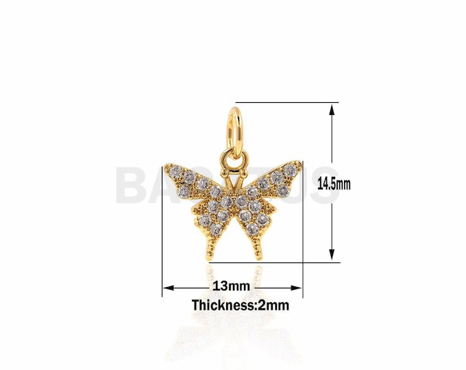 CZ Micro Pave Gold Plated  Butterfly Pendant,Animal Charms forJewelry Making 13x14.5x2mm 1PCS
