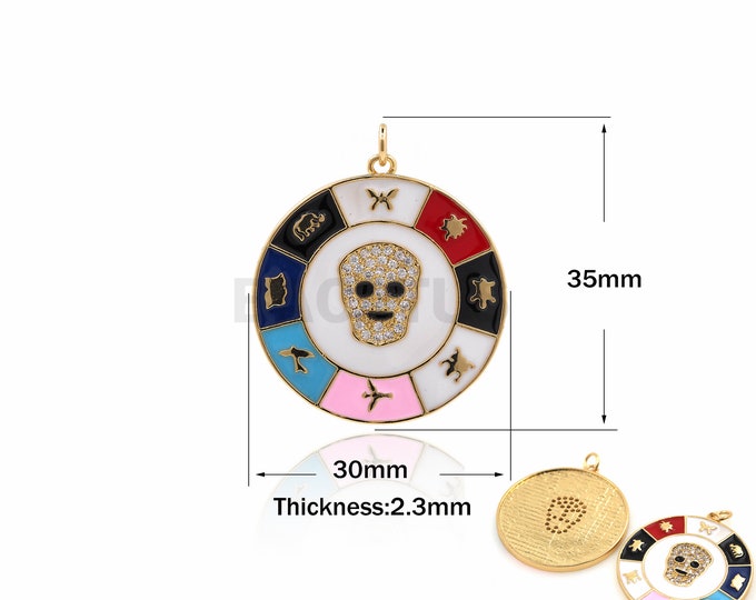 1PCS Multicolor Enamel Pendant, Round Skull Necklace, Micro-Pave DIY Jewelry Making Supplies Disc Pendant 18K Gold Filling 35x30x2.3mm