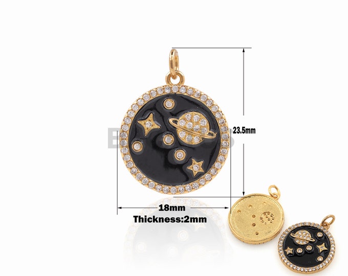 1PCS Round Pendant Black Enamel Charm Planet Pendant Gold Coin Charm Cubic Zirconia Polaris Charm 18K Gold Filled  23.5x18x2mm