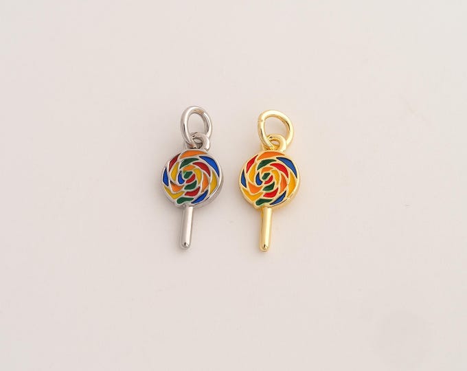 18K Gold Filled Lollipop Charm,Dainty Enamel Sweet Pendant,Lollipop Pendant ,DIY Jewelry Supplies,18.2x7.5x1.5mm