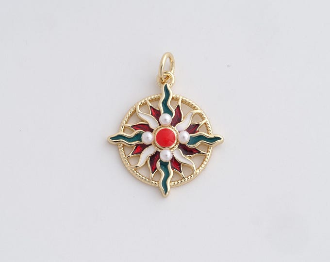 Micropavé CZ Round Pendant,Enamel Sun Pendant,Sun Charm, 18K Gold Filled Sun Pendant, DIY Jewelry Supplies, 23.5x18x3.6mm