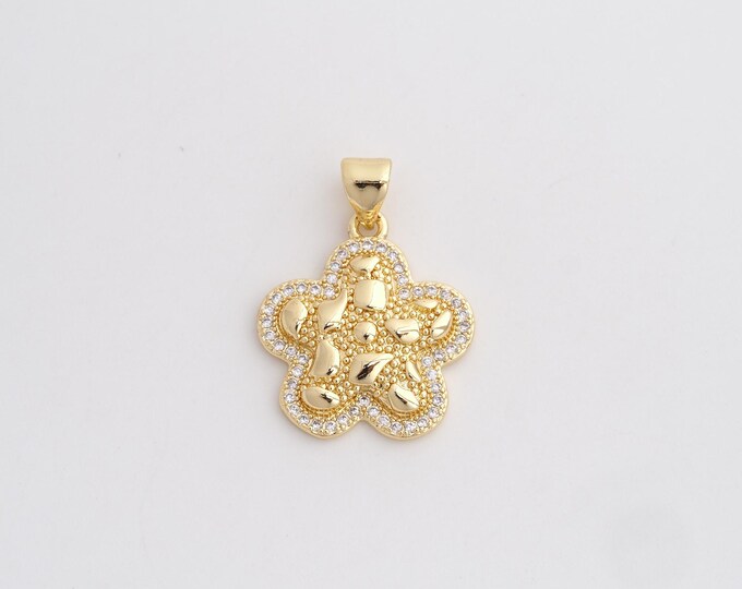 18K Gold Filled Flower Charm, Micropavé CZ Flower Pendant,Flower Necklace Charm, DIY Jewelry Supplies, 24.5x18.2x3.5mm
