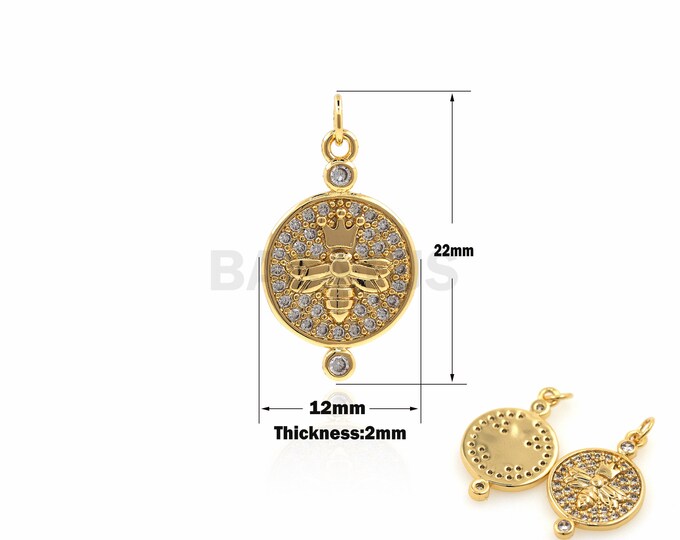 1PCS Crown Bee Pendant DIY Bracelet Necklace CZ Round Pendant Small Charm Micropavé Jewelry Supply 18K Gold Filled Insect Charm 22x12x2mm