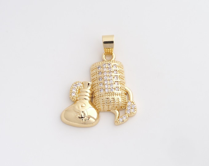 18K Gold Filled Money Bag Charm, Micropavé CZ Money Bag Pendant,Money Bag Necklace Charm, DIY Jewelry Supplies, 31.3x24x5.4mm