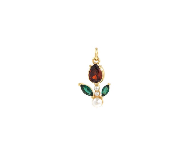 Flower Pendant,18K Gold Filled Plant Necklace, Micropavé CZ Pearl Pendant, DIY jewelry Making Accessories,22x12x3.7mm