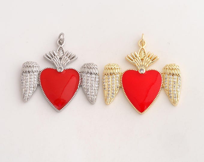 18K Gold Filled Sacred Heart Charm,Dainty Enamel Heart Pendant,CZ Sacred Heart Pendant ,DIY Jewelry Supplies,35.8x33.4x3.4mm
