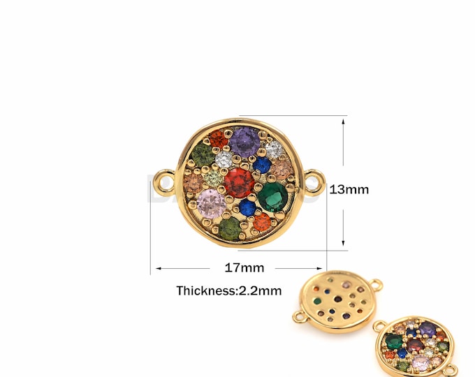 1PCS Circular Connector, Micro-Inlaid Colored Zircon, Disc Necklace Connector, DIY Jewelry Making Supplies, 18K Gold Filling 13x17x2.2mm