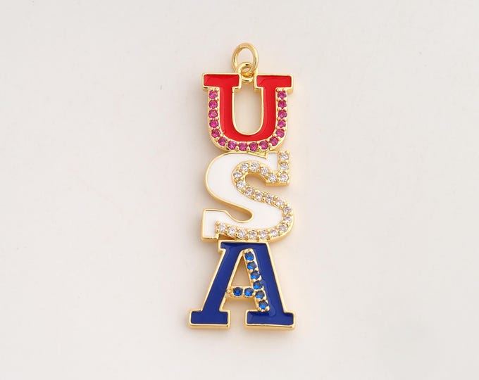 18K Gold Filled USA Letter Charm,Dainty Enamel American Pendant,CZ Letter Pendant ,DIY Jewelry Supplies,43.2x14.7x2.5mm