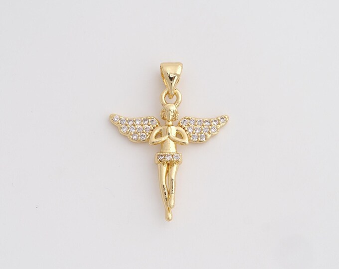 18K Gold Filled Angel Charm, Micropavé CZ Angel Pendant,Angel Necklace Charm, DIY Jewelry Supplies, 28.3x20.8x3.5mm