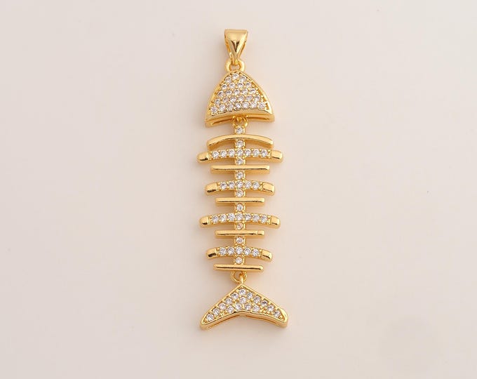 18K Gold Filled Fishbone Charm,Dainty Fishbone Pendant,CZ Fishbone Pendant ,DIY Jewelry Supplies,50.7x14x4mm