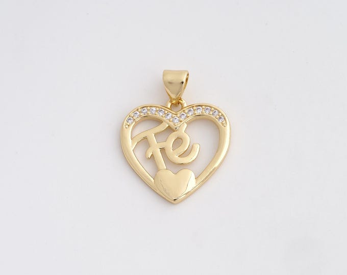 18K Gold Filled Fe Charm, Micropavé CZ Heart Pendant,Letter Necklace Charm, DIY Jewelry Supplies, 23.3x18.4x1.5mm