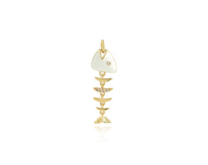 Enamel Fishbone Pendant,18K Gold Filled Fishbone Necklace, Micropavé CZ Fishbone Pendant, DIY jewelry Making Accessories,30x9x2.3mm
