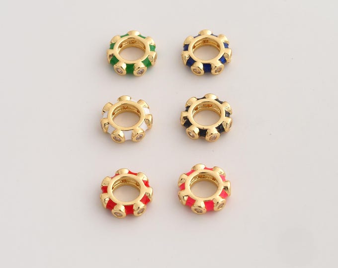 Gold Enamel Round Flat Beads, 18K Gold Filld CZ Large Hole Beads,for Jewelry Making Supplies,9.8x3mm Hole 5.6mm
