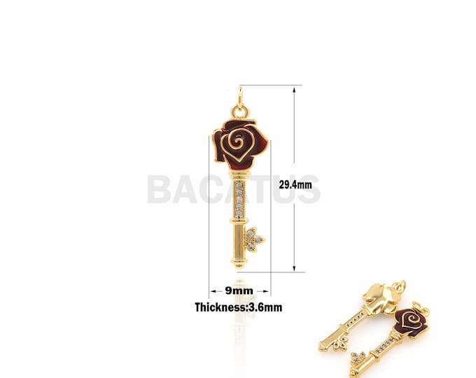 1PCS Rose Key Pendant Key Necklace Rose Flower Charm Plant Charm Key Charm DIY Jewelry Making Micropavé 18K Gold Filling 29.4x9x3.6mm