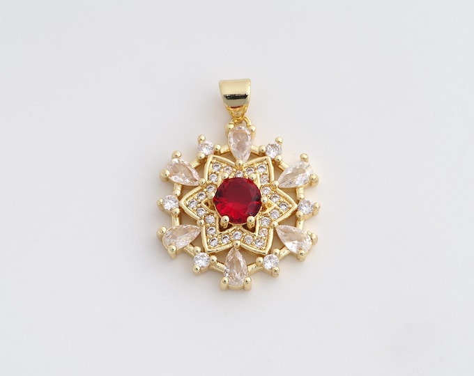 Flower Pendant, 18K Gold Filled Plant Charm,Micropavé CZ Flower Necklace, Floral Charms, DIY Jewelry Supplies,28.5x20.7x5mm