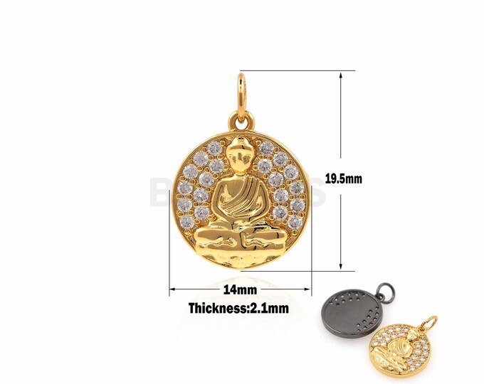 1PCS Round Buddha Necklace, CZ Filled Gold Buddha Pendant, Sitting Buddha Charm, Religious Jewelry 19.5x14x2.1mm