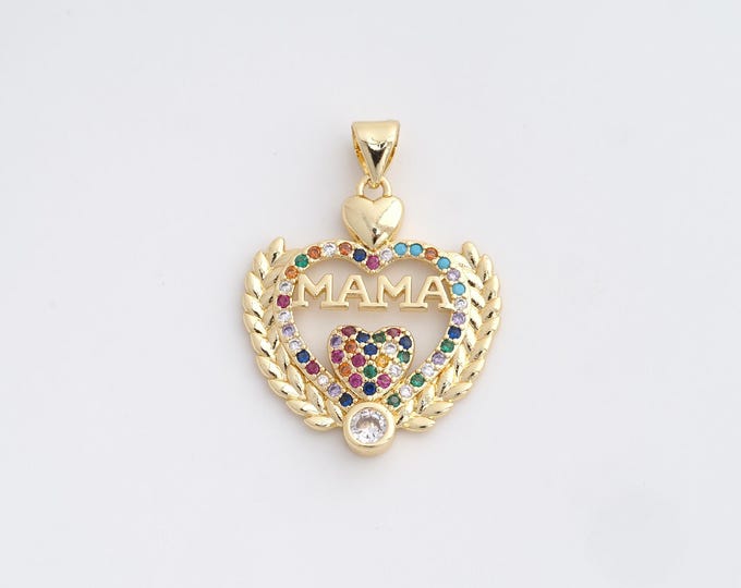 18K Gold Filled MAMA Charm, Micropavé CZ Heart Pendant,Letter Necklace Charm, DIY Jewelry Supplies, 30x22.8x2.8mm