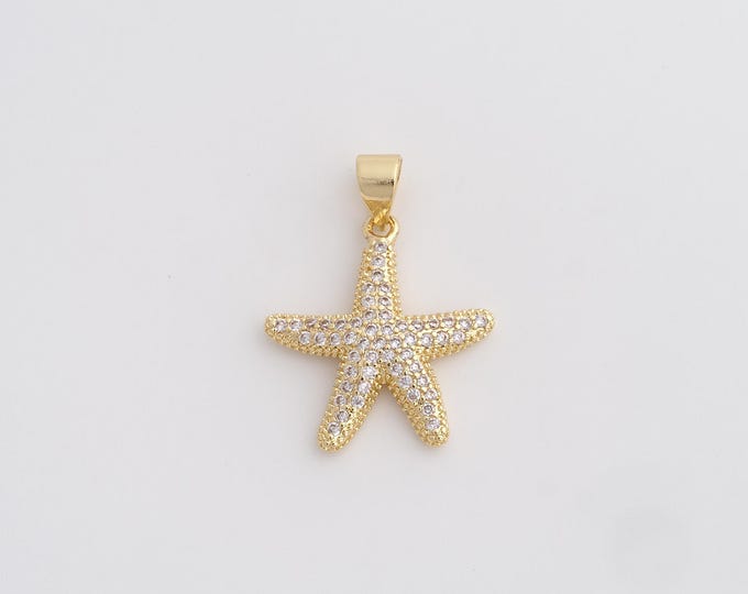 18K Gold Filled Starfish Charm, Micropavé CZ Starfish Pendant,Starfish Necklace Charm, DIY Jewelry Supplies, 24.4x18.3x3mm