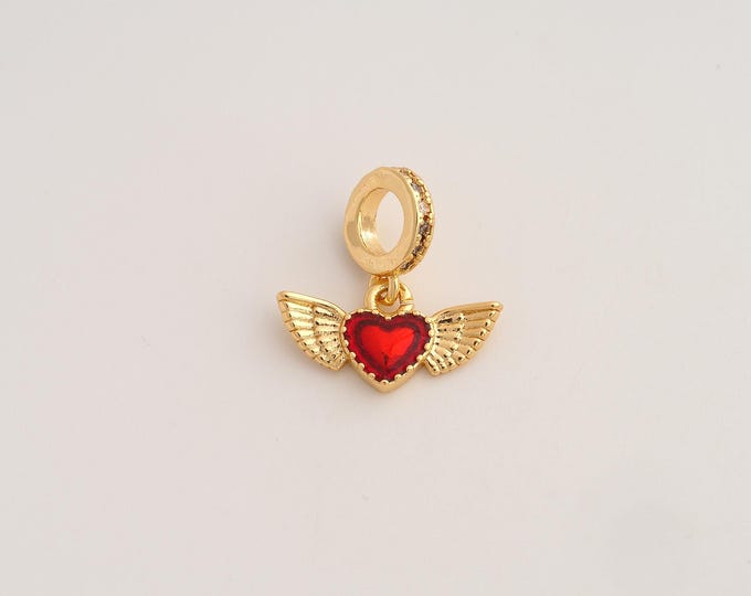 18K Gold Filled Heart Charm,Dainty Enamel Love Pendant,CZ Angel Wings Pendant ,DIY Jewelry Supplies,18x17.3x2.3mm