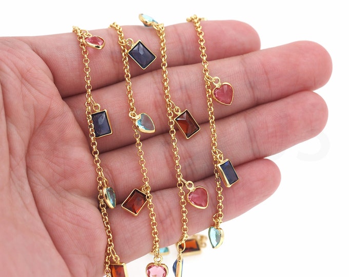 Unfinished Necklace, Micropavé CZ Dainty Chain, Gem Chain,18K Gold Filled Heart Chain, Welded Chain,Square Chain,5.7x2.8x7.6mm