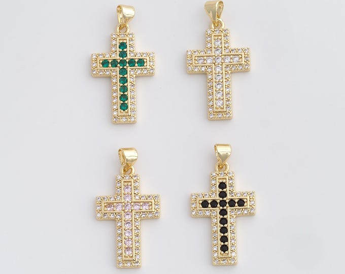 Cross Charm,18K Gold Filled Cross Necklace,Religious Charm, MicroPave CZ Christian Charm, DIY Jewelry Supplies, 30.8x15.8x2.3mm