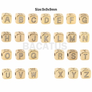 Contas de letras micro pavimentadas, contas de alfabeto com furo grande, contas espaçadoras de letras quadradas CZ 9x9x9mm