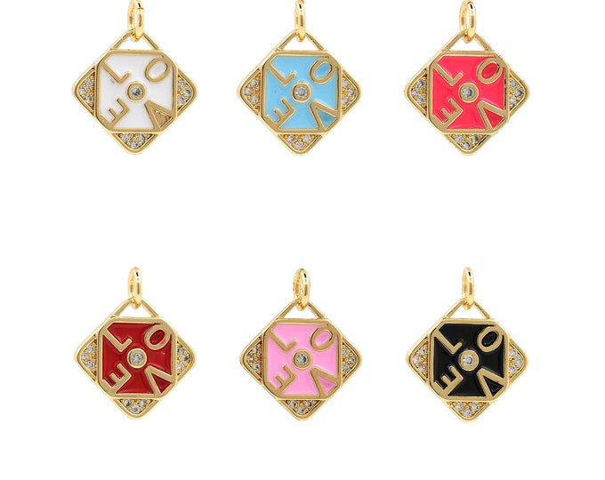 18K Gold Filled LOVE pendant,Gold Square Charms,Square Charm Bracelet Necklace for DIY Jewelry Making Supply