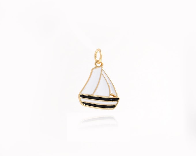 18K Gold Filled Enamel Sailboat Necklace, Sailboat Pendant, Nautical Charm, Ocean Charm, Micropavé Zircon Nautical Pendant 19.5x13.5x1.7mm