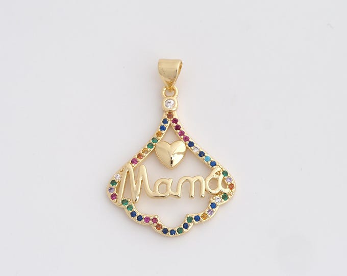 18K Gold Filled MAMA Charm, Micropavé CZ Heart Pendant,Letter Necklace Charm, DIY Jewelry Supplies, 33.2x23.4x2.5mm