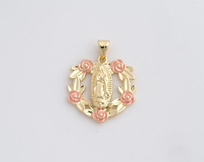 18K Gold Filled Virgin Mary Pendant,Rose Religion Charms,Heart Charm Bracelet Necklace for DIY Jewelry Making Supply,27.5x21.4x3.4mm