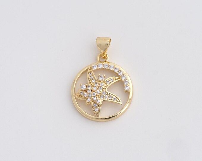 18K Gold Filled Starfish Charm, Micropavé CZ Starfish Pendant,Starfish Necklace Charm, DIY Jewelry Supplies, 25.5x18x4mm