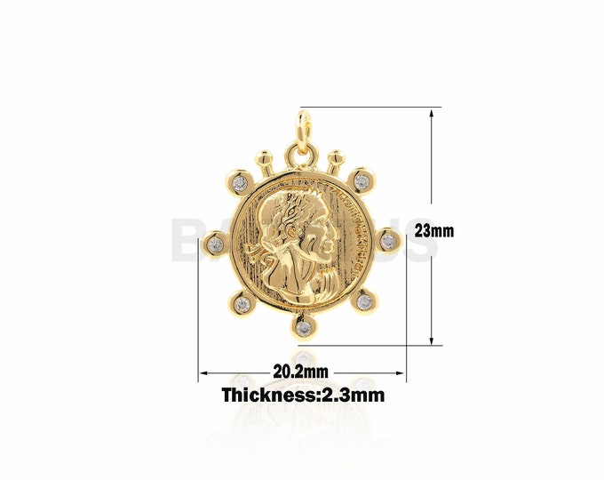Anaglyph Face cameo pendant,Cubic Zirconia man Medallion Tone necklace,CZ Micro Pave Ancient Coin  23*20.2*2.4 mm 1PCS