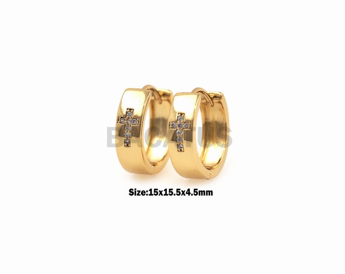 1Pair Exquisite Minimalist Cross-Shaped Earrings Round Glossy Earrings Micro-Pave Gold Filling Christian Jewelry Cross Charm 15x15.5x4.5mm
