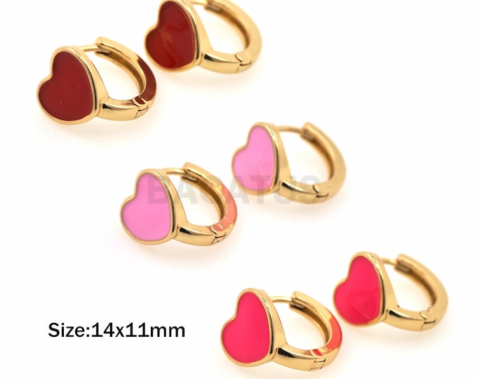 1 pair, 18K Gold Filled Heart-Shaped Enamel Earrings, Love Earrings, Enamel Gold Earrings, Heart-Shaped Earrings, Enamel Heart, 14x11mm