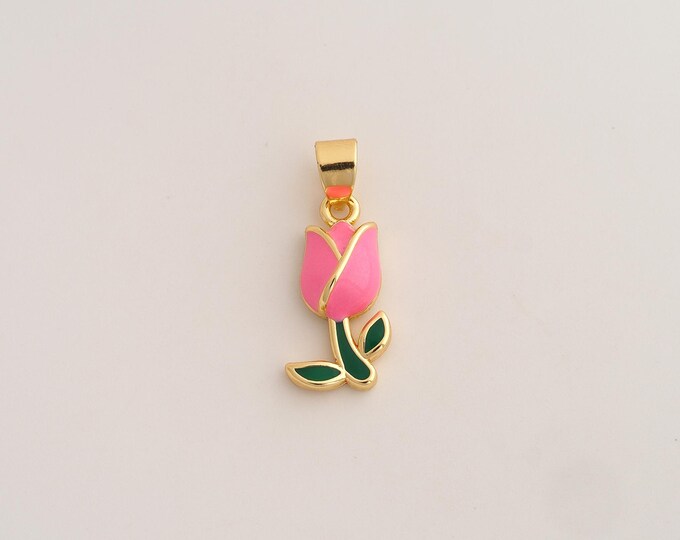 18K Gold Filled Tulip Charm,Dainty Enamel Flower Pendant,Tulip Pendant ,DIY Jewelry Supplies,25.5x10x4.7mm