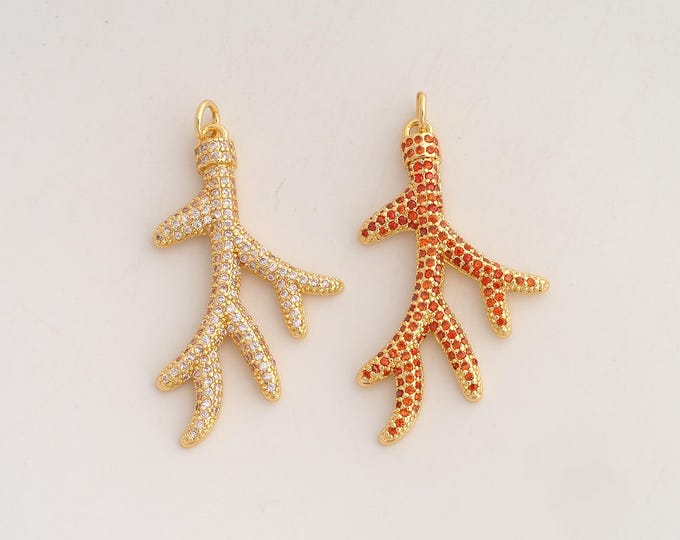 18K Gold Filled Coral Charm,Dainty Coral Pendant,CZ Coral Pendant ,DIY Jewelry Supplies,40x21.7x3mm