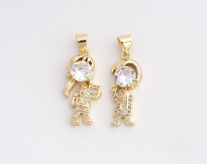 18K Gold Filled Couple Charm, Micropavé CZ Boy Pendant,Girl Necklace Charm,DIY Jewelry Supplies,Boy:28.4x9.5x4.5mm Girl：28.4x11.7x4mm