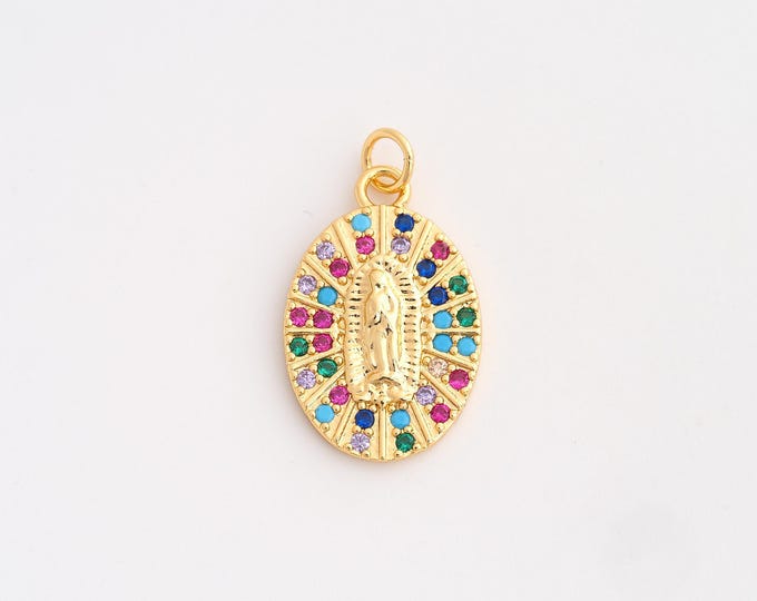 18K Gold Filled Virgin Mary Charm, Micropavé CZ Religious Pendant,Catholic Necklace Charm, DIY Jewelry Supplies, 26.2x14.5x2.6mm