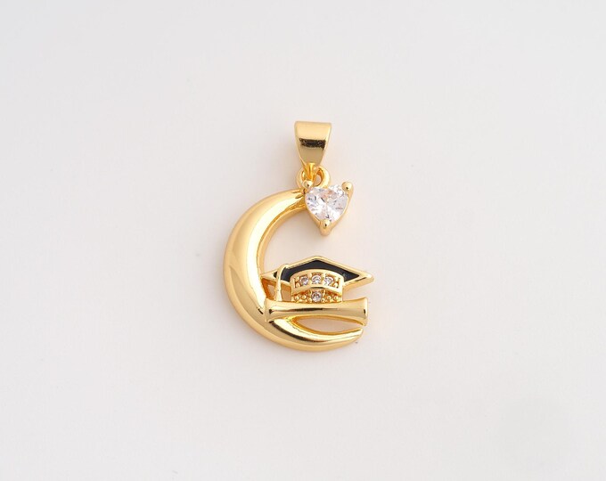18K Gold Filled Doctoral Cap Charm,Dainty Enamel Diploma Scroll Pendant,CZ Moon Heart Pendant ,DIY Jewelry Supplies,23.6x14.3x3.8mm