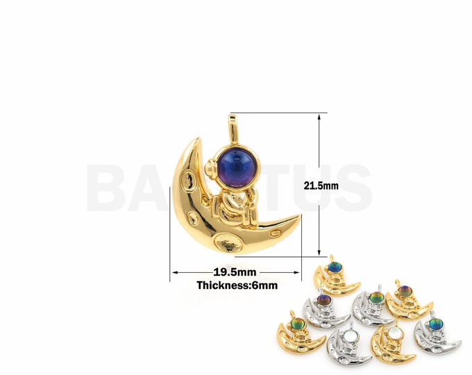 Moon Pendant, 18K Gold Filled Crescent Necklace, NASA Charm, Micropavé CZ Astronaut Jewelry, DIY Jewelry Supplies, 21.5x19.5x6mm