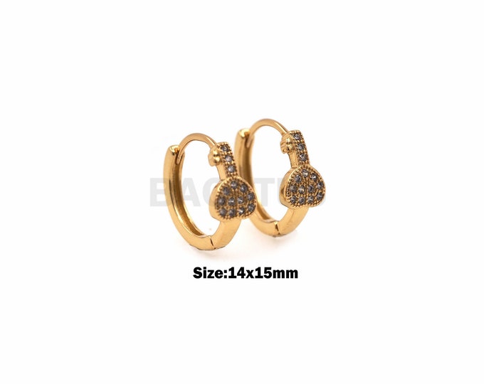 1Pair Zircon Key Earrings Gold Key Earrings, Mini Earrings, Transparent Pave Earrings, Daily Mini Gold Earrings 18K Gold Filling 14x15mm