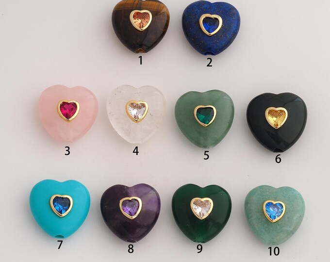 Gold Heart Natural Stone Beads, 18K Gold Filld Energy Stone Beads,for Jewelry Making Supplies,20x19.6x10mm Hole 3.3mm